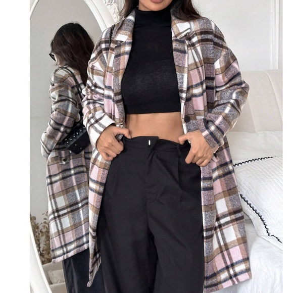 Cozy Plaid Print Button Down Long Jacket Shacket - Picture 3 of 5